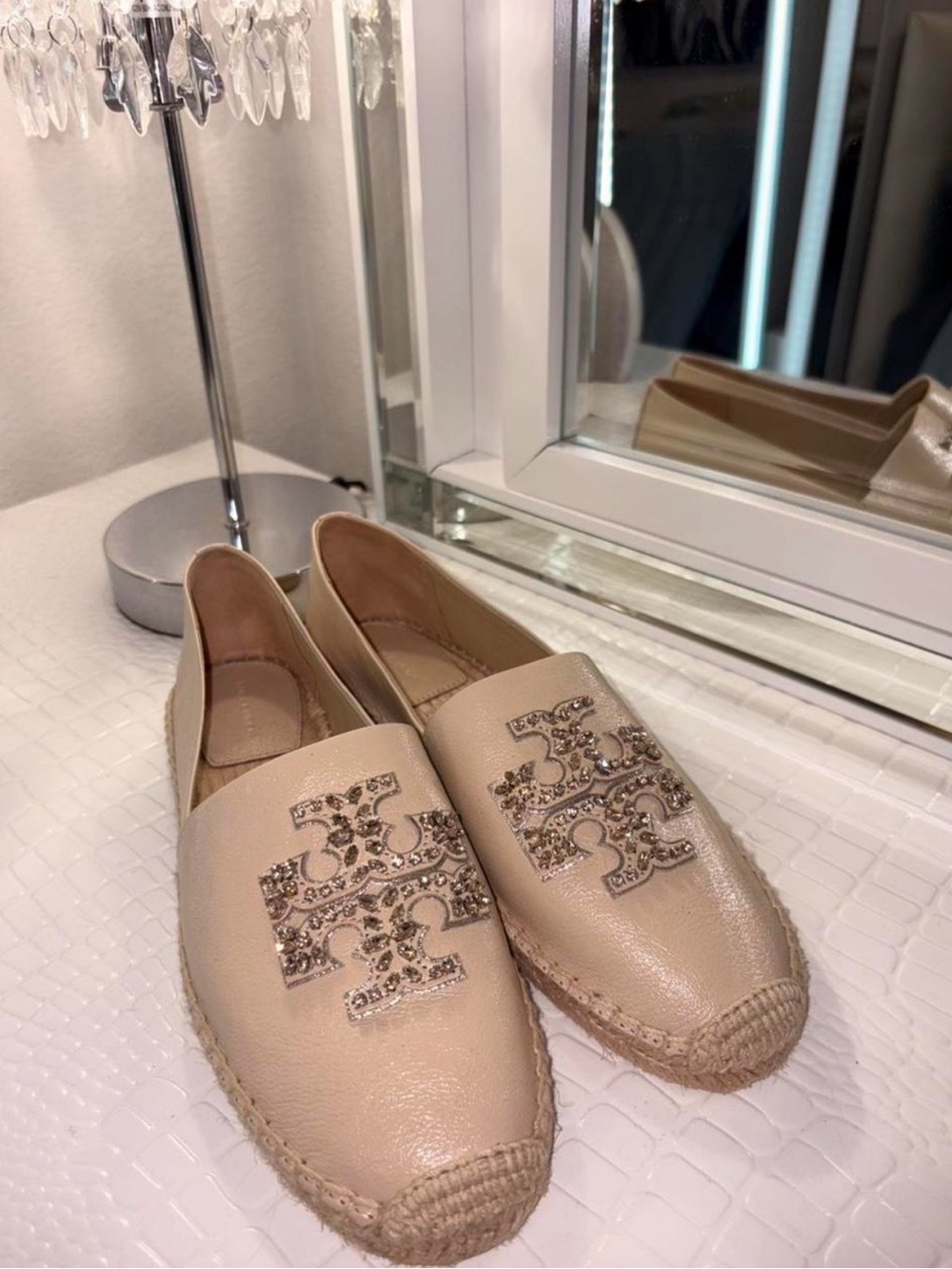 Tory Burch Nude Leather Espadrille Flats with Crystal Logo